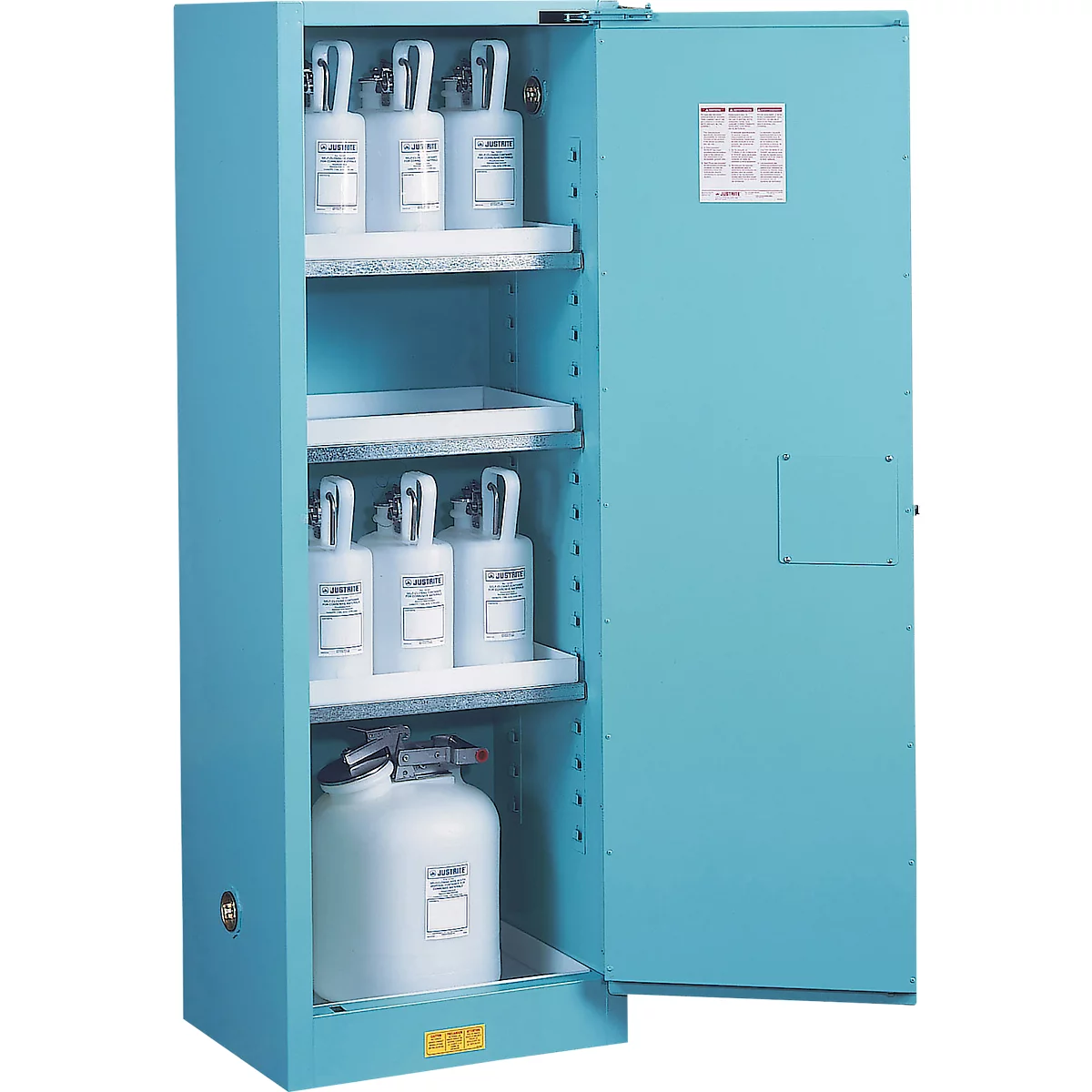 Justrite FM chemiekast Slimline Sure-Grip® EX, voor etsmiddelen, tot 83 liter, zelfsluitende deuren, blauw