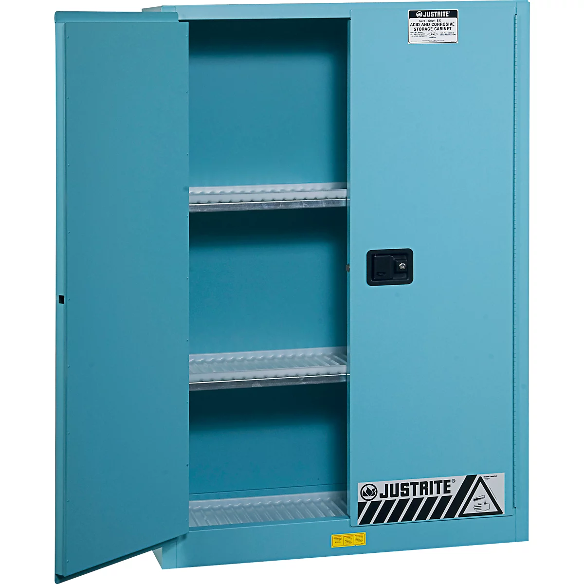 Justrite FM-Chemikalienschrank Classic Sure-Grip® EX, für Ätzmittel, bis 170 Liter, manuell schließende Türen, blau