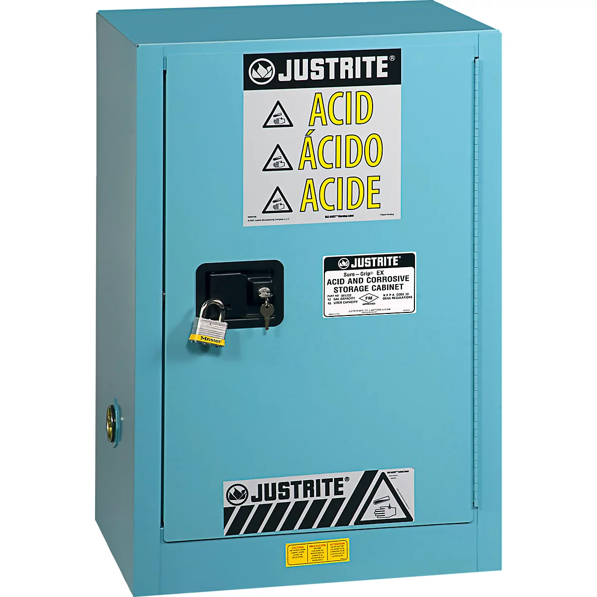 Justrite FM-Chemikalienschrank Compac Sure-Grip® EX, für Ätzmittel, bis 45 Liter, selbstschließende Türen, blau