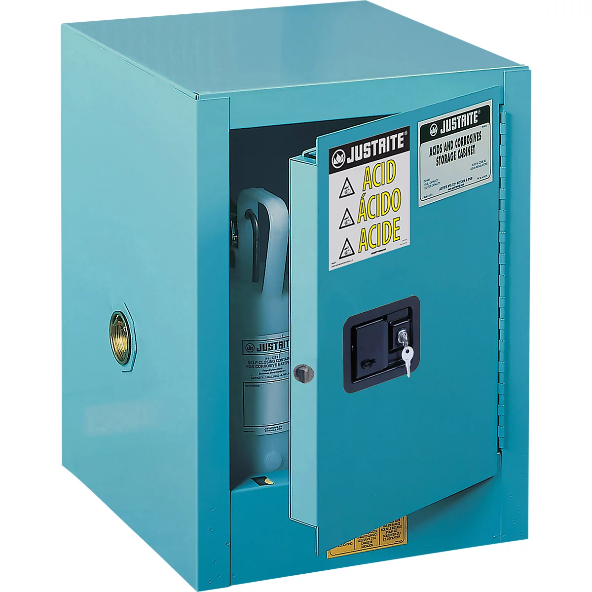 Justrite FM-Chemikalienschrank Countertop Sure-Grip® EX, für Ätzmittel, bis 15 Liter, manuell schließende Tür, blau