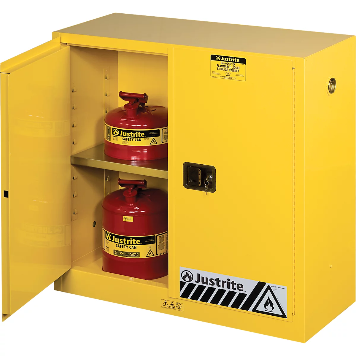 Justrite FM veiligheidsopslagkast Classic Sure-Grip® EX, voor brandbare vloeistoffen, tot 114 liter, handmatige sluiting, geel