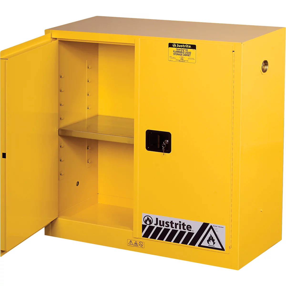 Justrite FM veiligheidsopslagkast Classic Sure-Grip® EX, voor brandbare vloeistoffen, tot 114 liter, zelfsluitend, geel