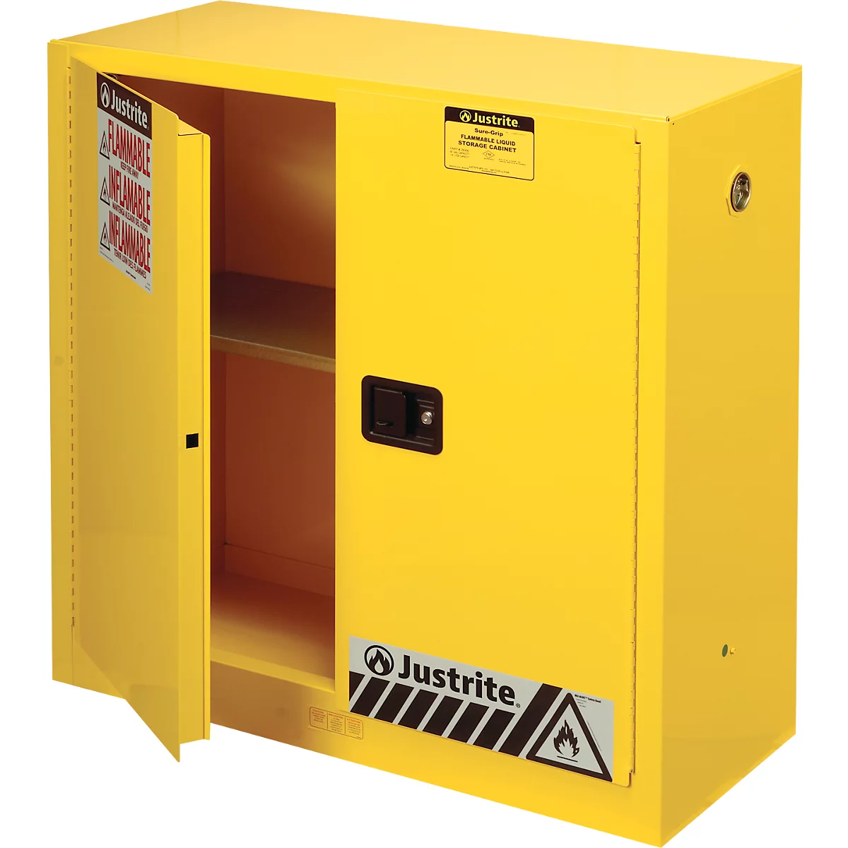 Justrite FM veiligheidsopslagkast Classic Sure-Grip® EX, voor brandbare vloeistoffen, tot 114 liter, zelfsluitend, geel