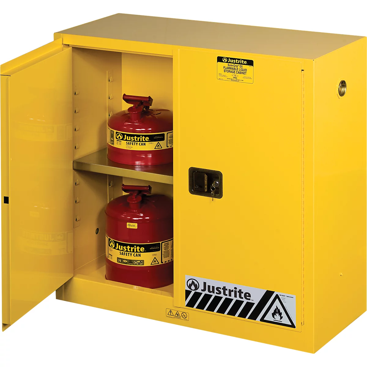Justrite FM veiligheidsopslagkast Classic Sure-Grip® EX, voor brandbare vloeistoffen, tot 114 liter, zelfsluitend, geel