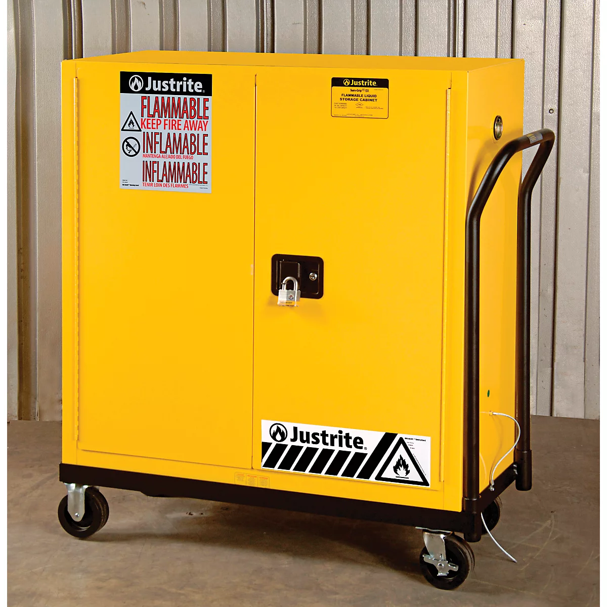 Justrite FM veiligheidsopslagkast Classic Sure-Grip® EX, voor brandbare vloeistoffen, tot 114 liter, zelfsluitend, geel