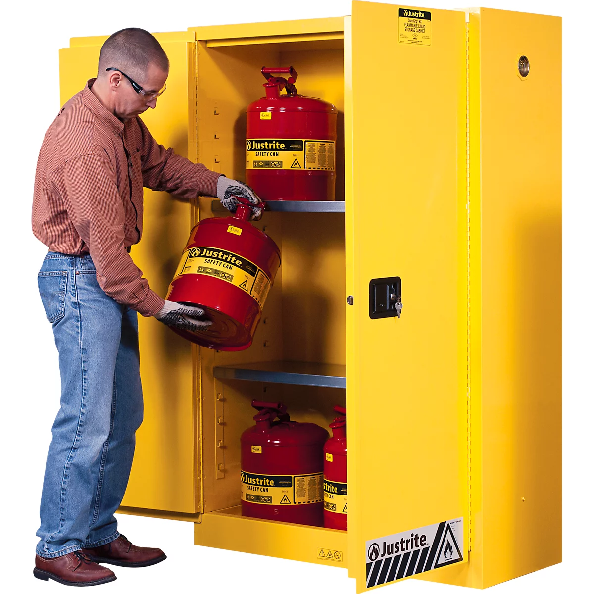 Justrite FM veiligheidsopslagkast Classic Sure-Grip® EX, voor brandbare vloeistoffen, tot 170 liter, handmatige sluiting, geel