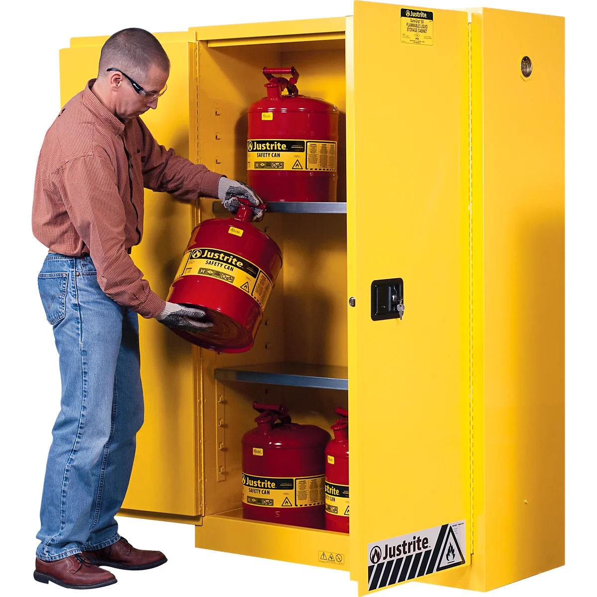 Justrite FM veiligheidsopslagkast Classic Sure-Grip® EX, voor brandbare vloeistoffen, tot 170 liter, zelfsluitend, geel