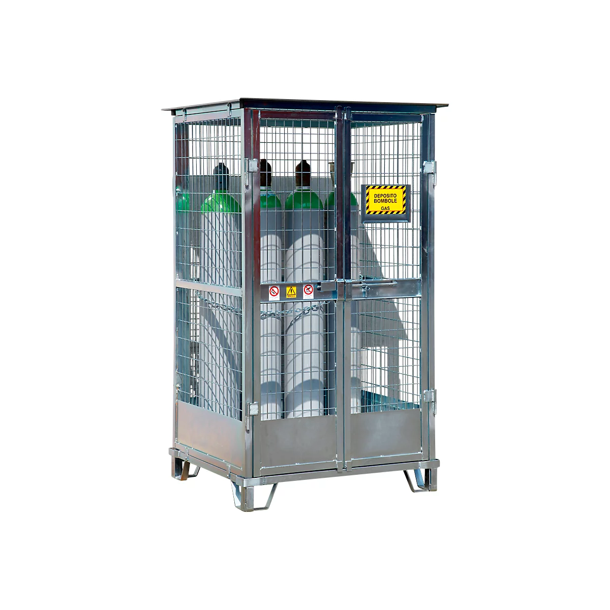 Justrite gasflessenopslag, gegalvaniseerd, afsluitbaar, tot 9/12 gasflessen, B 2100 x H 1130 x D 960 mm, 155 kg, staalgrijs