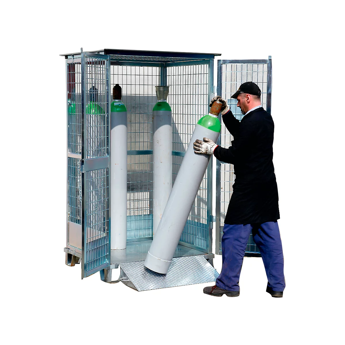 Justrite gasflessenopslag, gegalvaniseerd, afsluitbaar, tot 9/12 gasflessen, B 2100 x H 1130 x D 960 mm, 155 kg, staalgrijs