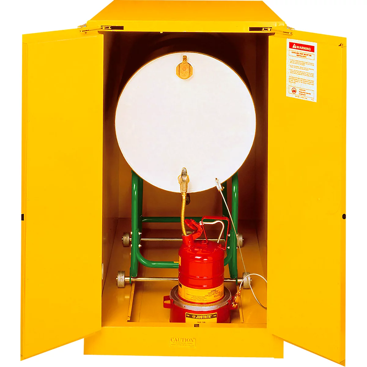 Justrite horizontale FM-veiligheidsopslagkast Drum Sure-Grip® EX, tot 200 liter, handmatig sluitende deuren, geel