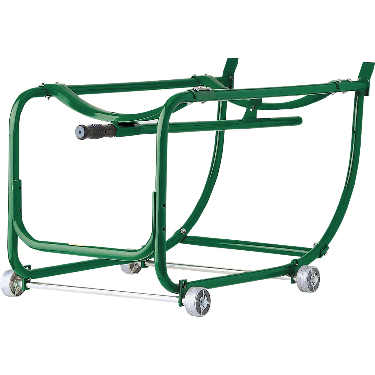 Groene vatroller met handvat en wielen. Een metalen frame ontworpen om vaten te vervoeren.