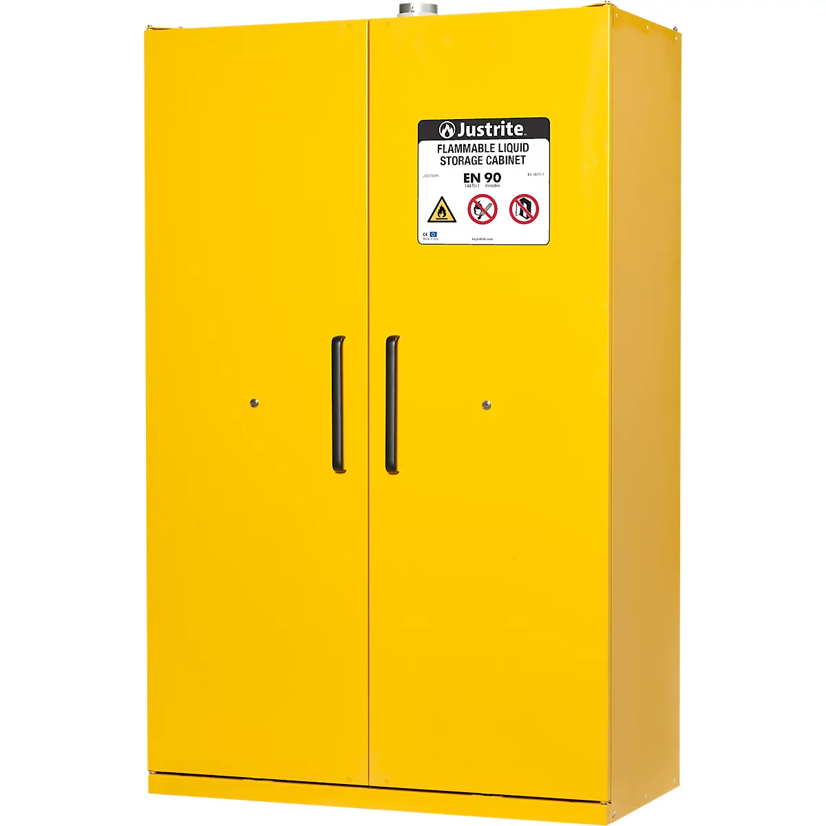 Justrite Sicherheitsschrank EN 90, Auffangwanne, 3 Fachböden, 2-Türen, H 2070 x B 1200 x T 600 mm, gelb