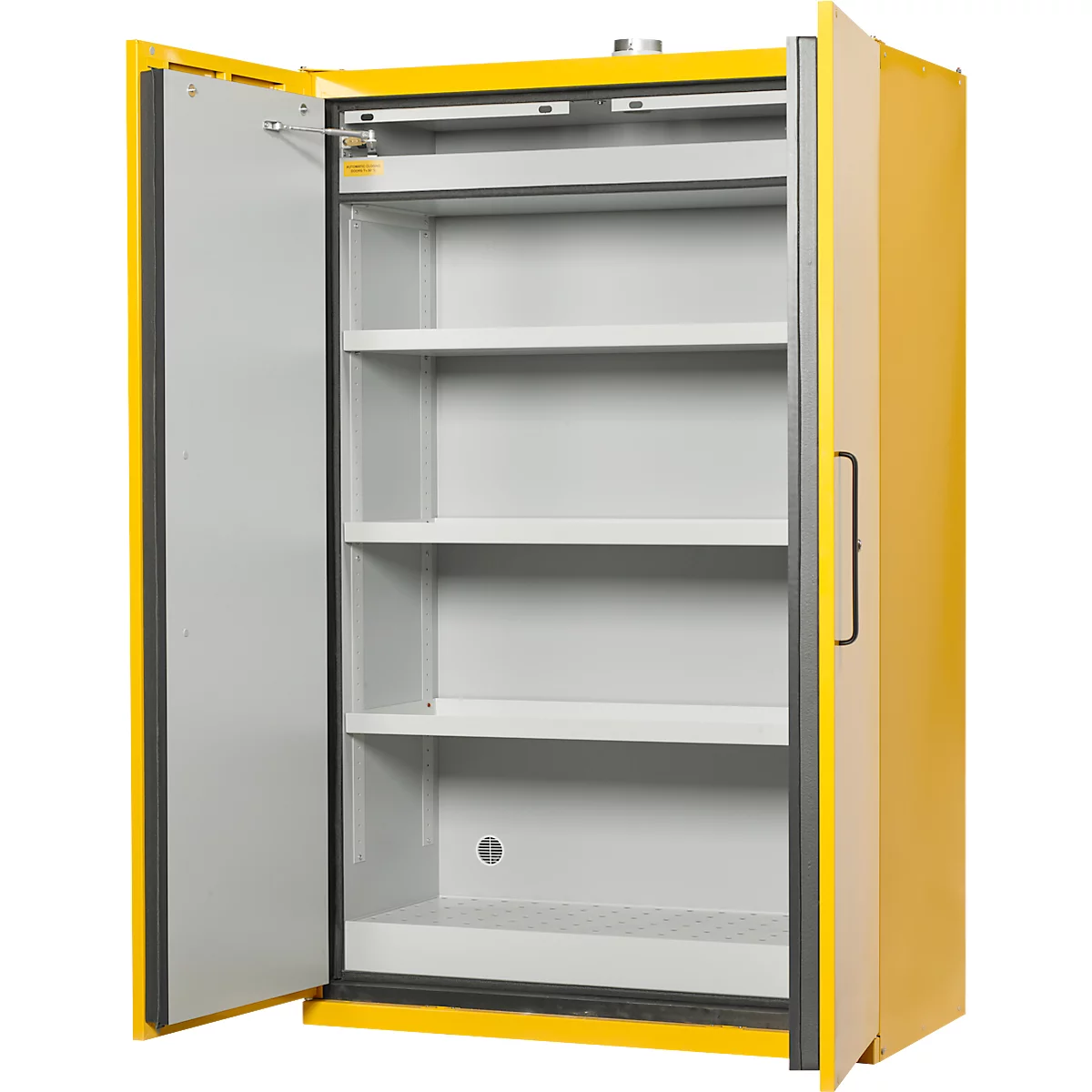 Justrite Sicherheitsschrank EN 90, Auffangwanne, 3 Fachböden, 2-Türen, H 2070 x B 1200 x T 600 mm, gelb