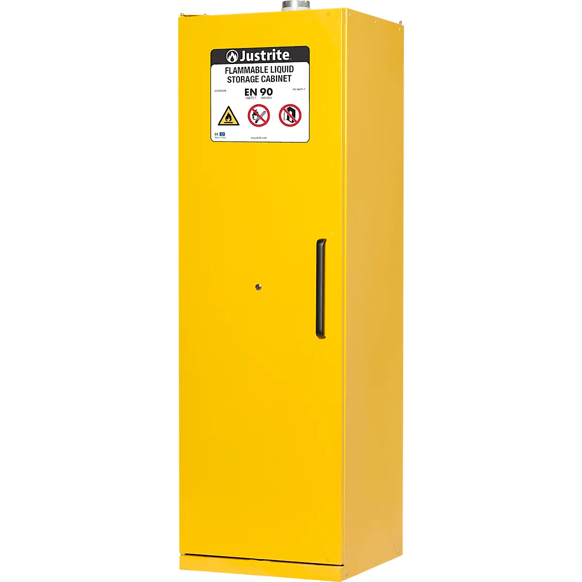 Justrite Sicherheitsschrank EN 90, Auffangwanne, 3 Fachböden, H 2070 x B 600 x T 600 mm, gelb