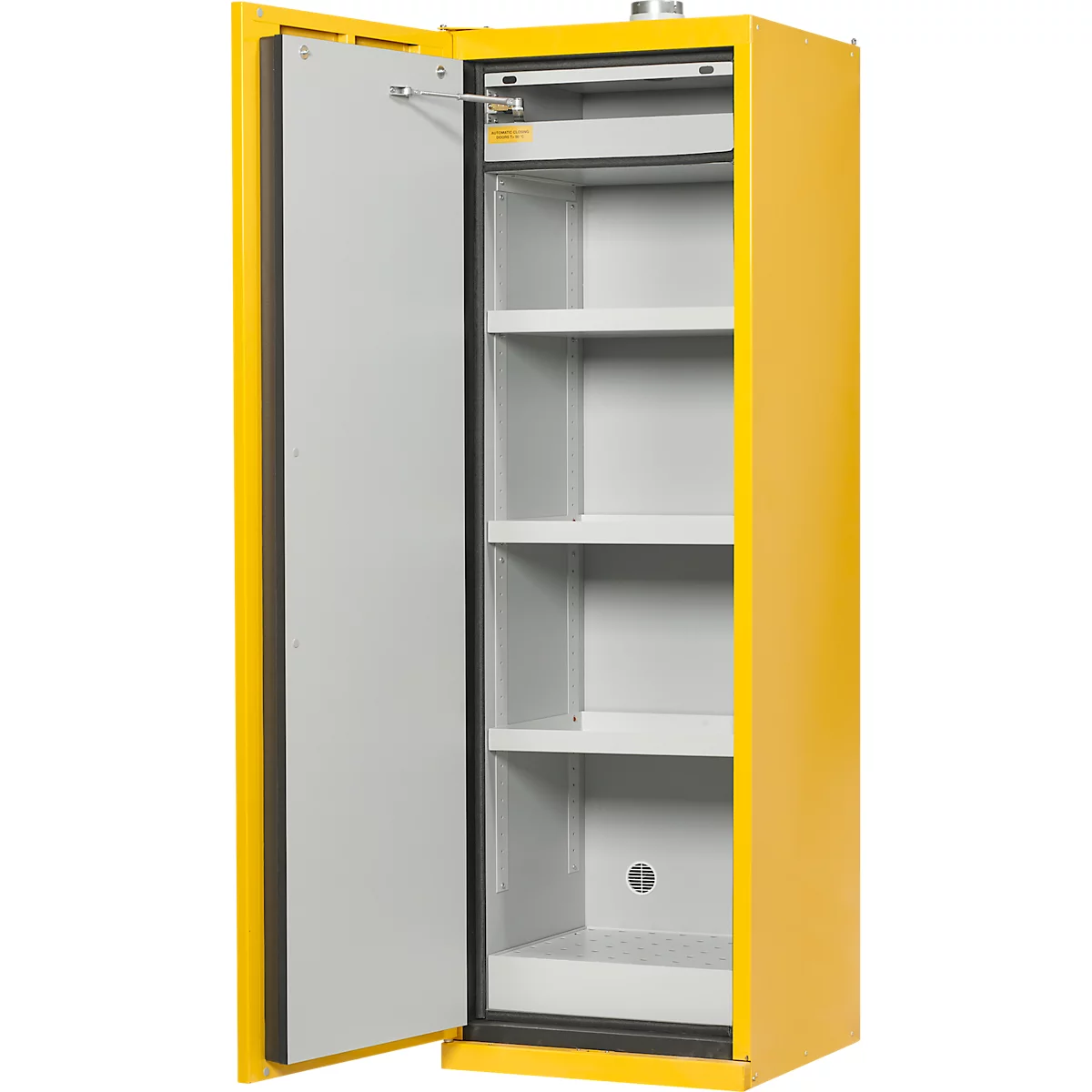 Justrite Sicherheitsschrank EN 90, Auffangwanne, 3 Fachböden, H 2070 x B 600 x T 600 mm, gelb