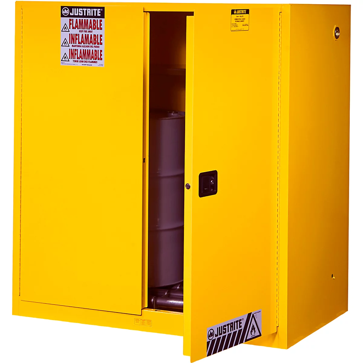Justrite Sicherheitsschrank Vertical Drum Sure-Grip® EX, für 2 x 110 L Fässer, selbstschließende Türen, gelb