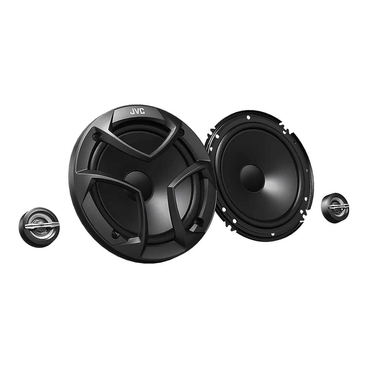 Mehrteiliges Lautsprecherset mit schwarzer Blende auf weißem Hintergrund. Zwei große und zwei kleine Lautsprecher.