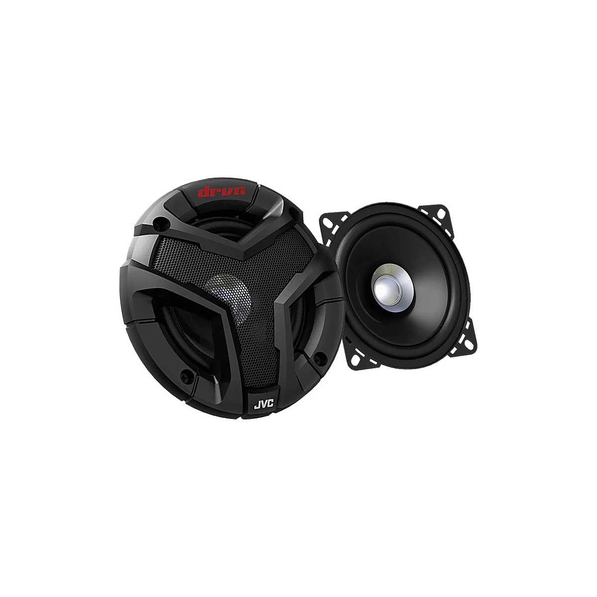 Zwei schwarze Lautsprecher, einer mit Gitter und rotem "drun" Logo, der andere mit silberner Mitte, auf weißem Grund.