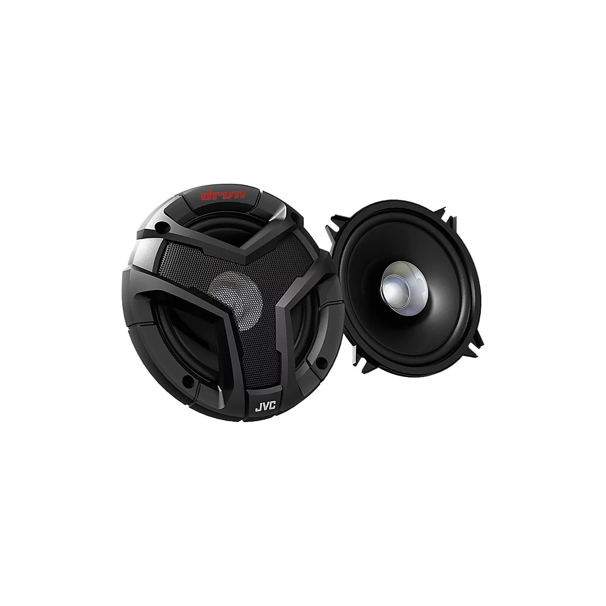 Zwei schwarze Lautsprecher, einer mit Gitter und "drvn"-Schriftzug, der andere ohne. Herstellerlogo "JVC".