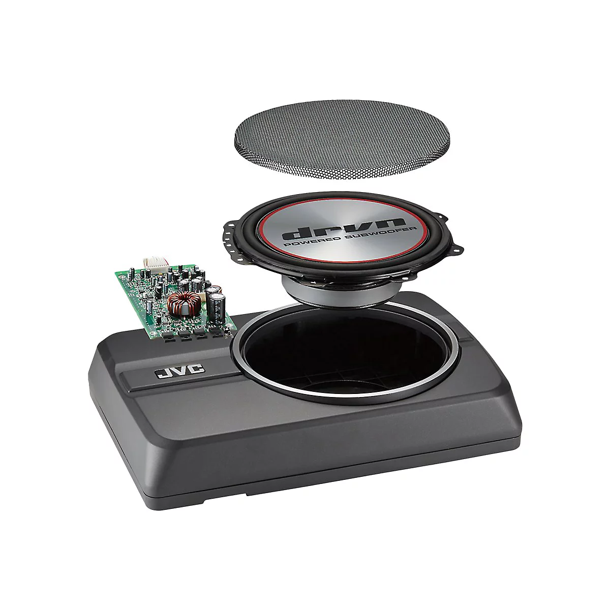 Explosionszeichnung eines JVC Powered Subwoofers. Einzelteile: Gitter, Lautsprecher, Platine und Gehäuse. Alles freigestellt.