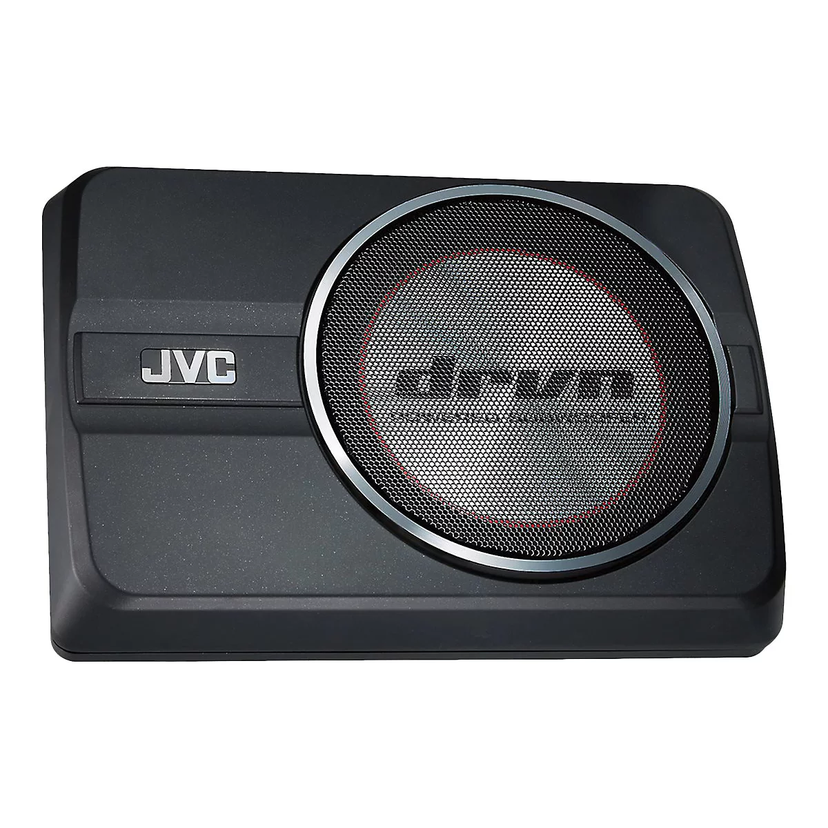 Schwarzer JVC-Subwoofer, Frontansicht, Lautsprechergitter mit Schriftzug 'dream'.