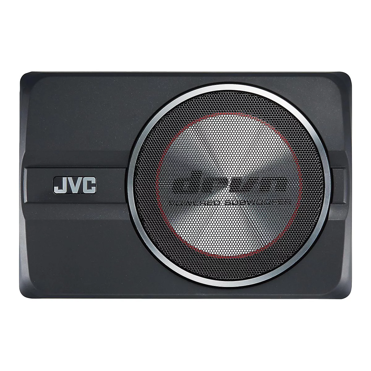 Schwarzer JVC-Subwoofer mit Metallgitter und rotem Ring, Schriftzug "JVC" und "POWERED SUBWOOFER".