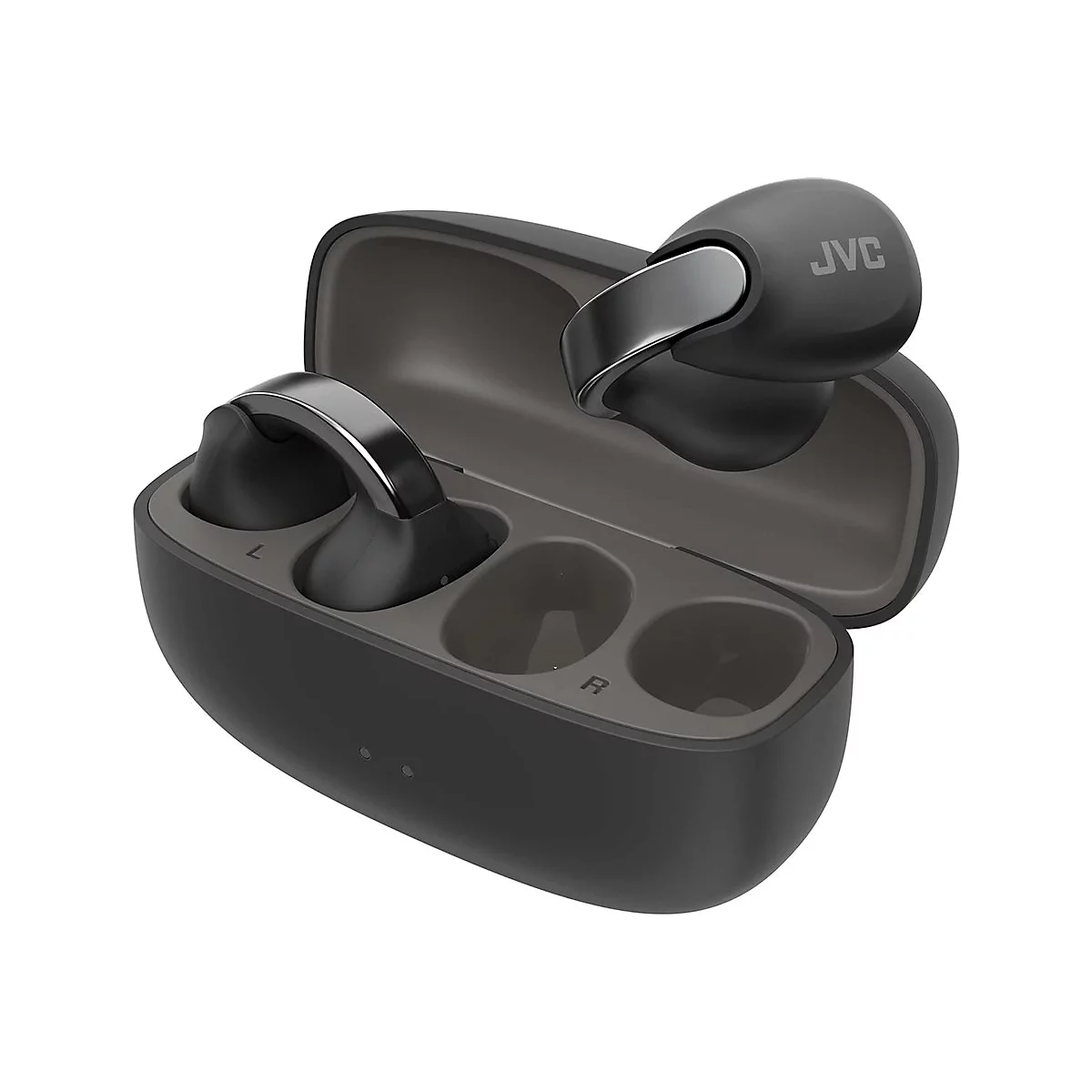 Schwarze JVC In-Ear-Kopfhörer in einem offenen Ladecase mit metallischen Akzenten.