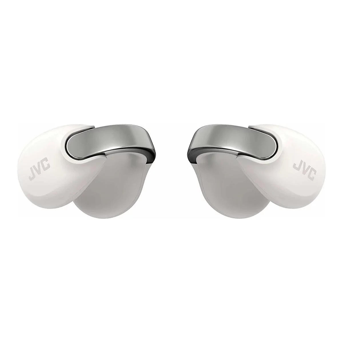 Weiße JVC Earbuds mit silbernen Akzenten vor weißem Hintergrund.
