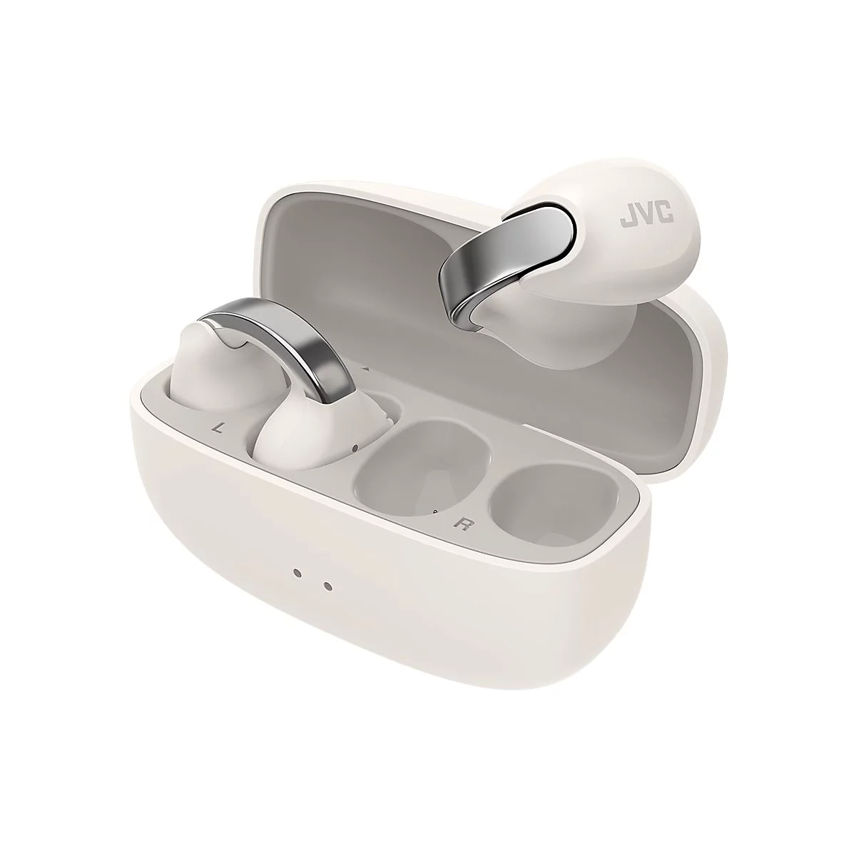 Weiße JVC In-Ear-Kopfhörer in einem offenen, cremeweißen Ladecase vor weißem Hintergrund.