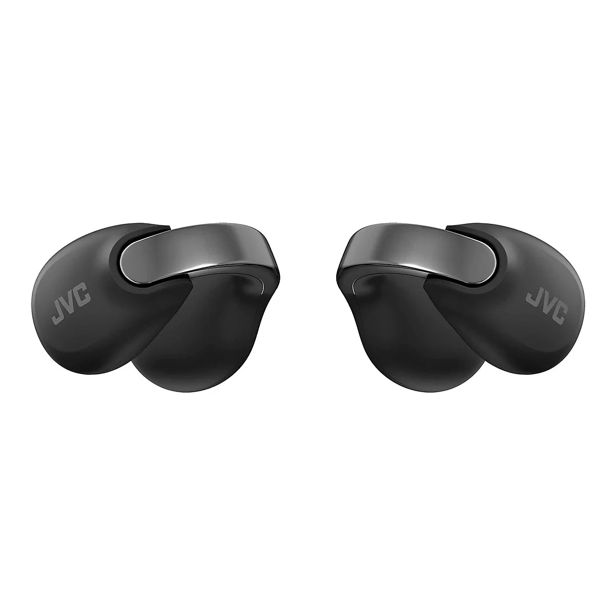 Schwarze JVC In-Ear-Kopfhörer vor weißem Hintergrund.