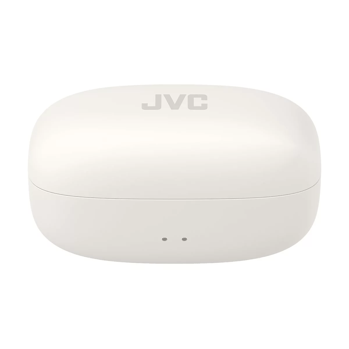 Weißes, abgerundetes Ladecase für JVC-Kopfhörer mit Logo auf dem Deckel und zwei kleinen LED-Anzeigen auf der Front.