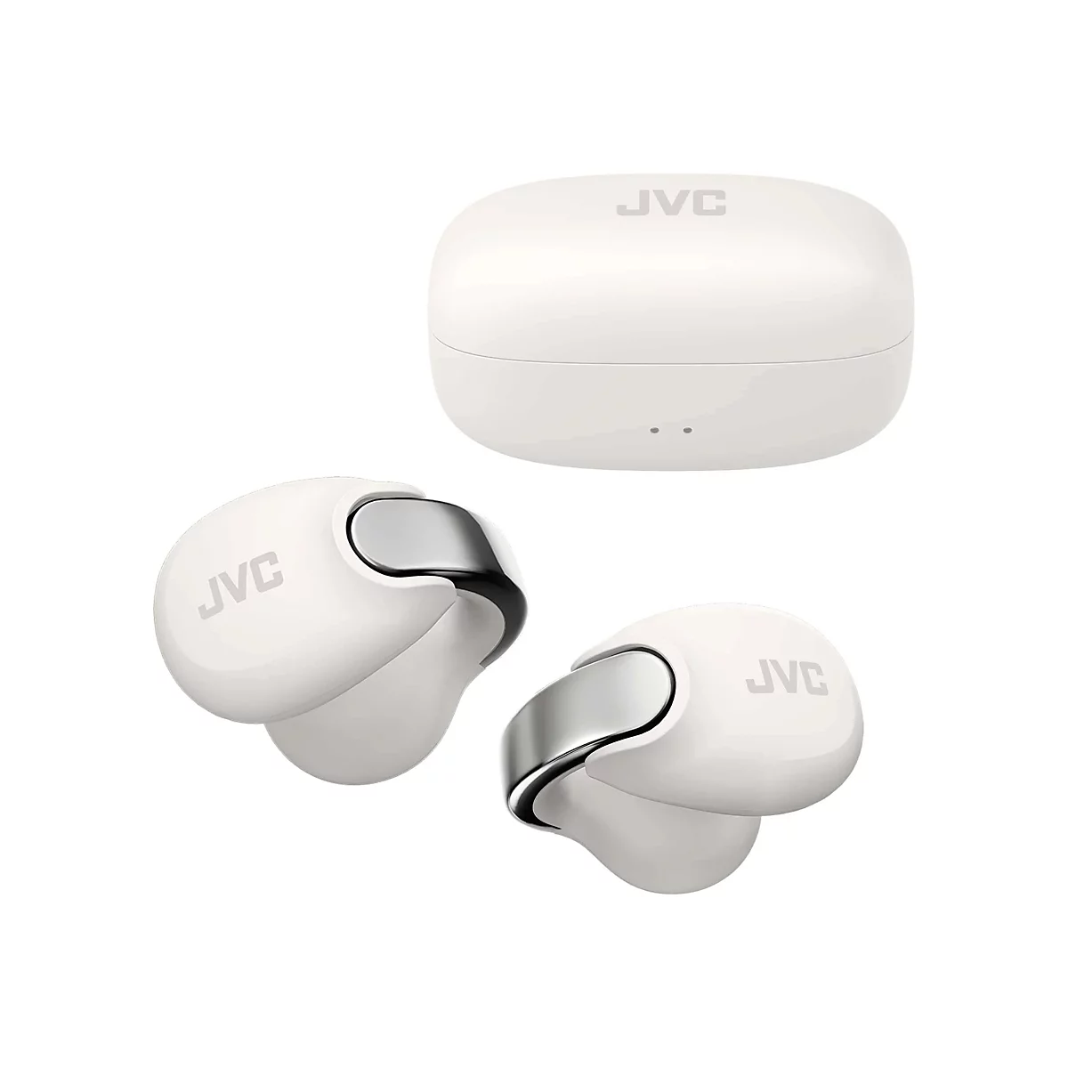 Weiße JVC In-Ear-Kopfhörer mit Ladecase vor weißem Hintergrund.