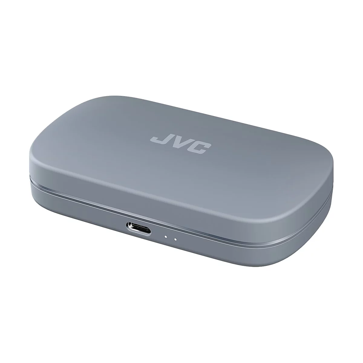 Graue, abgerundete JVC Ladebox für In-Ear-Kopfhörer mit USB-C-Anschluss an der Vorderseite.