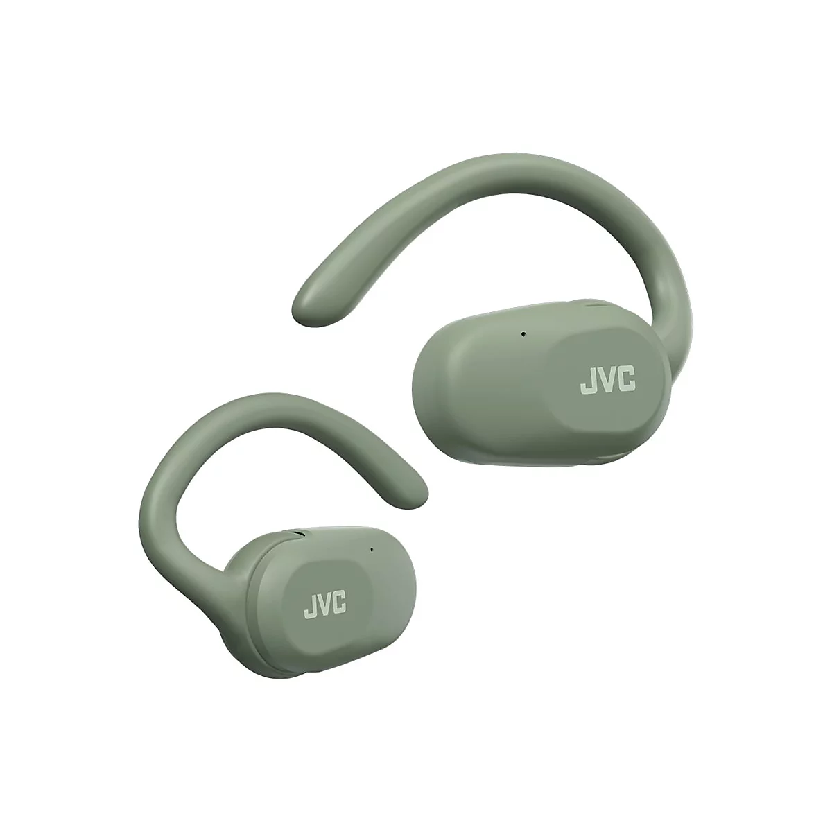 Zwei olivgrüne In-Ear-Kopfhörer mit Ohrbügel und weißem JVC-Logo vor weißem Hintergrund.