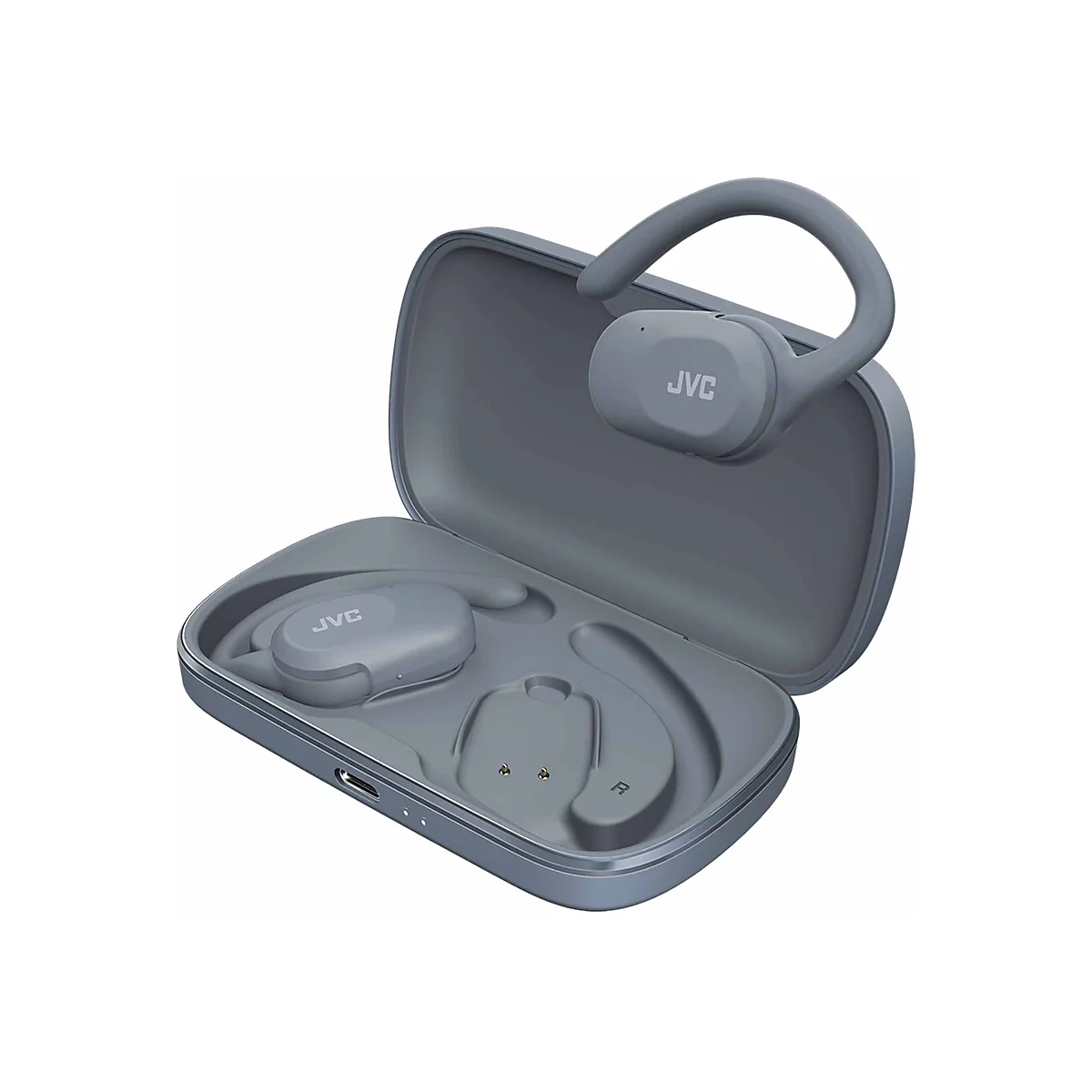 Graue JVC In-Ear Kopfhörer mit Ohrbügel in einer offenen Ladebox auf weißem Hintergrund.