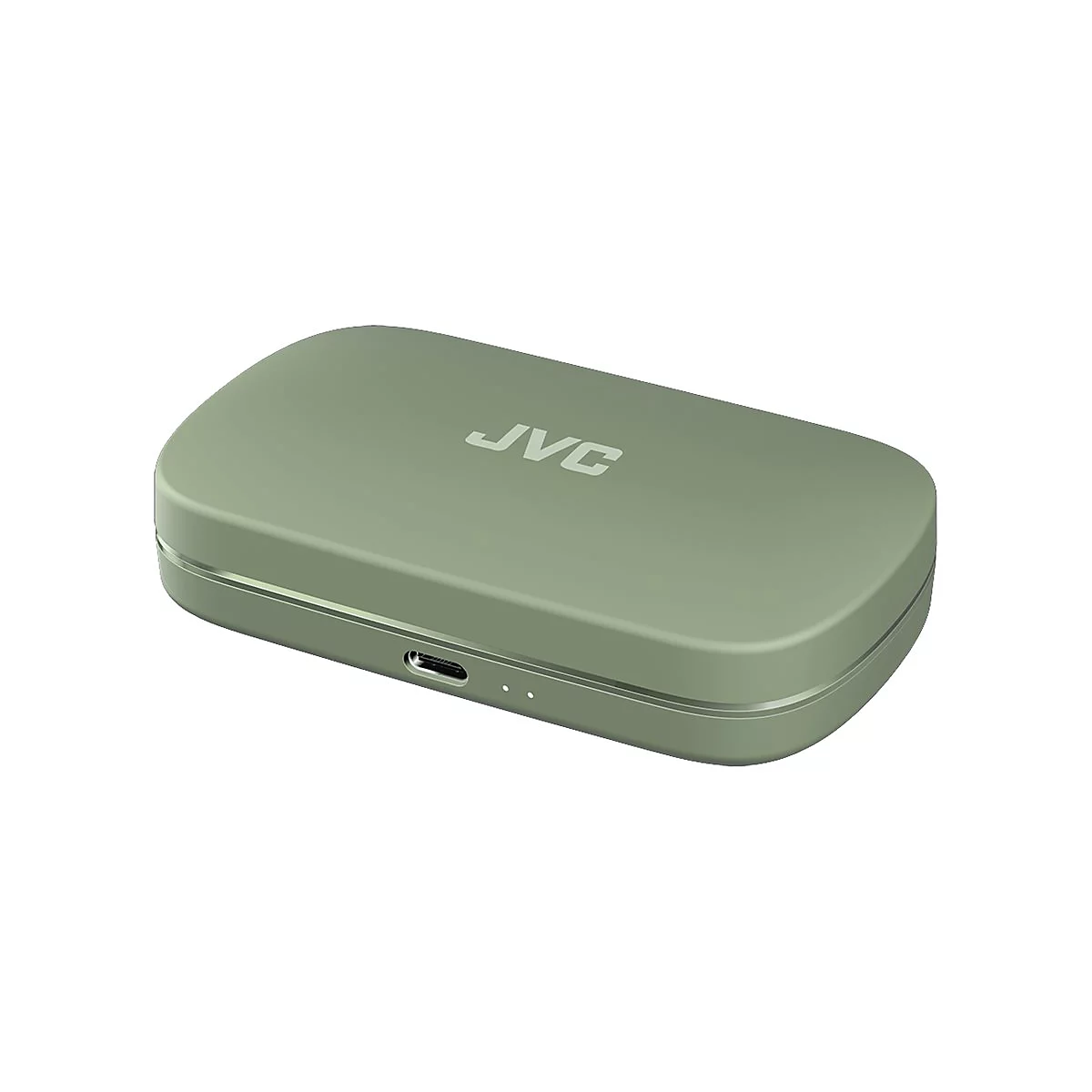 Hellgrünes, ovales Ladeetui für kabellose Kopfhörer mit JVC-Logo auf der Oberseite und USB-C-Anschluss vorne.
