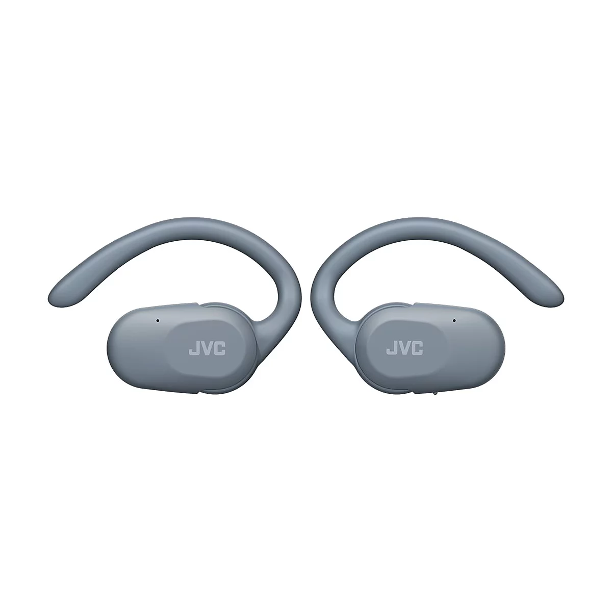 Blaugraue JVC In-Ear-Kopfhörer mit Ohrbügel vor weißem Hintergrund.