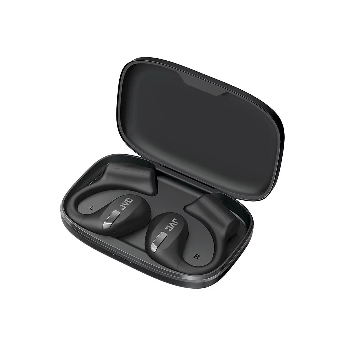 Schwarze JVC In-Ear-Kopfhörer mit Ohrbügeln in einem geöffneten Ladecase vor weißem Hintergrund.