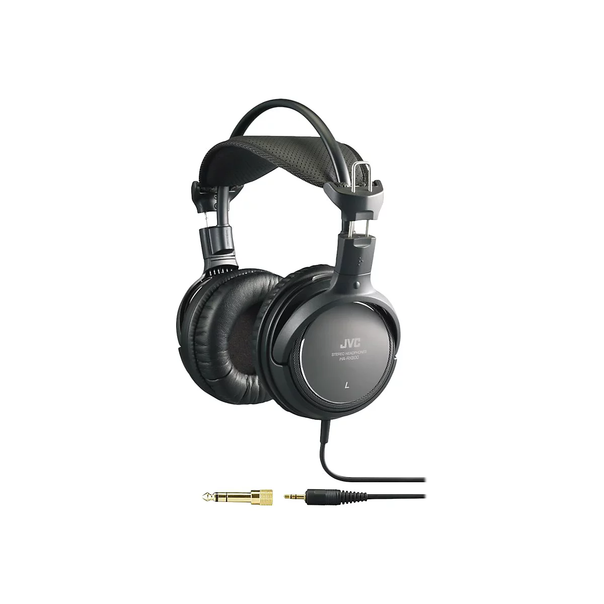 Schwarzer JVC Stereo-Kopfhörer HA-RX900 vor weißem Hintergrund mit Klinkenadapter.