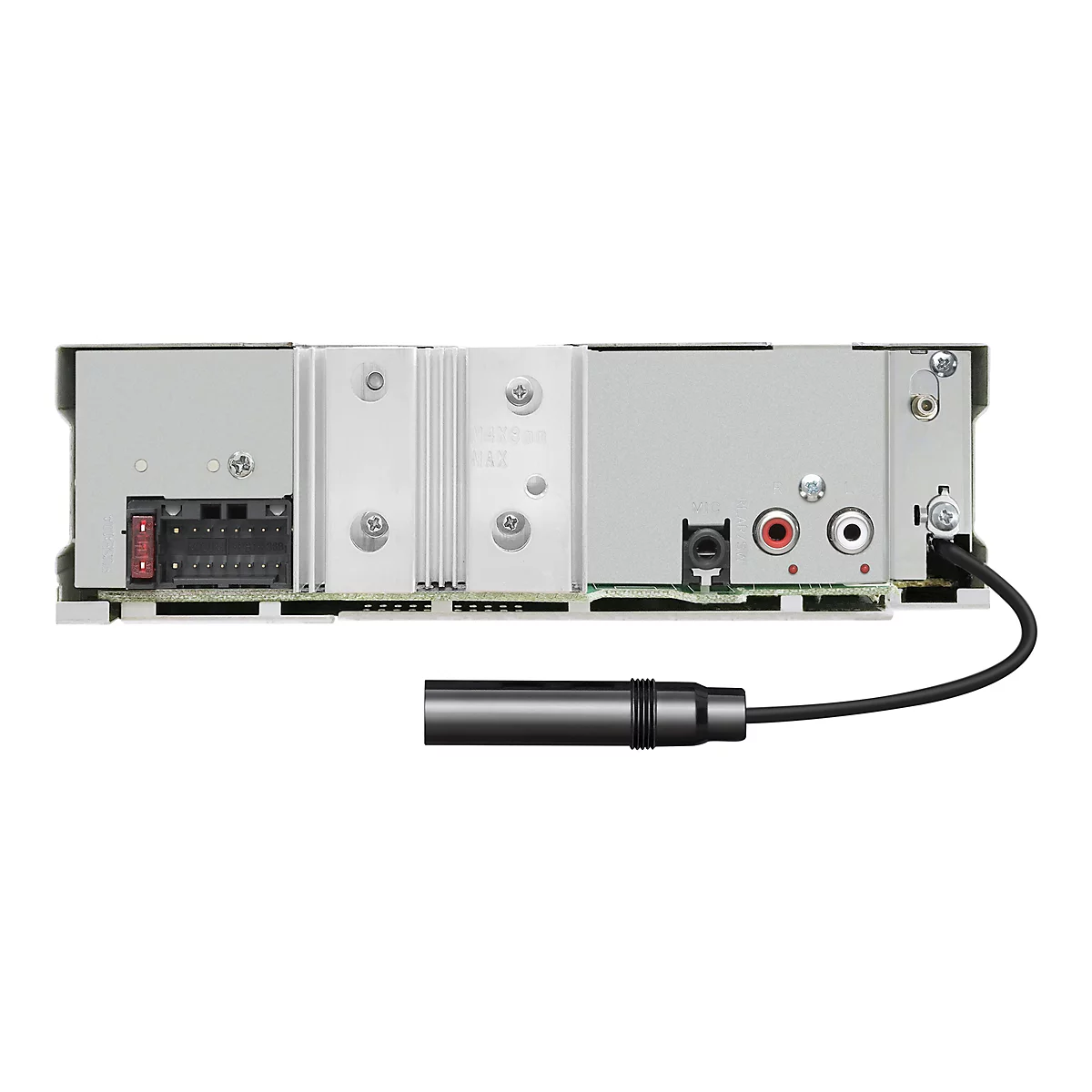 Rückseite eines Autoradios mit Anschlüssen, Kühlkörper und Kabel mit Mikrofon.