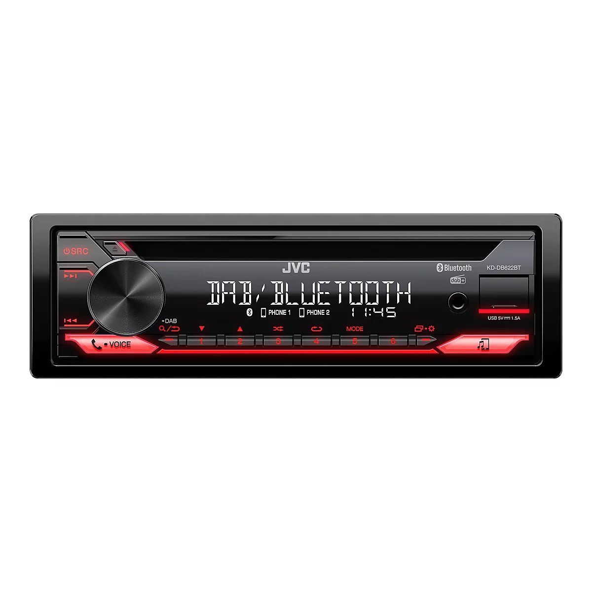 Ein schwarzes Autoradio der Marke JVC mit roter Beleuchtung. Es zeigt "DAB/BLUETOOTH" und eine Uhrzeit an.