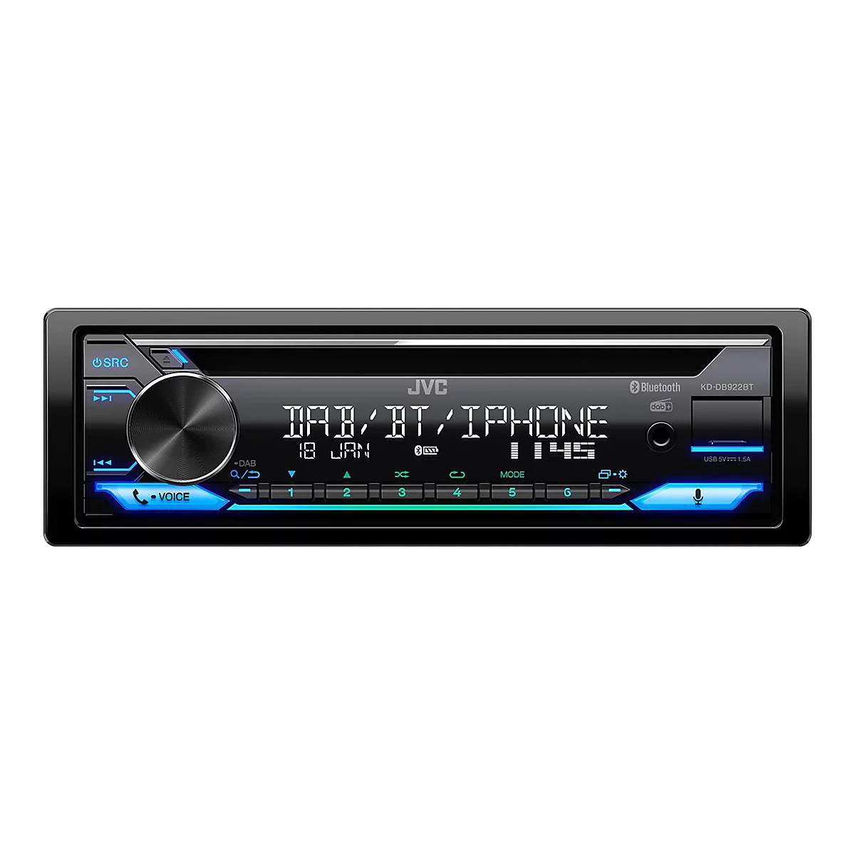 Schwarzes Autoradio mit blau beleuchteten Tasten und Anzeige. DAB/BT/iPhone wird angezeigt. JVC Logo.