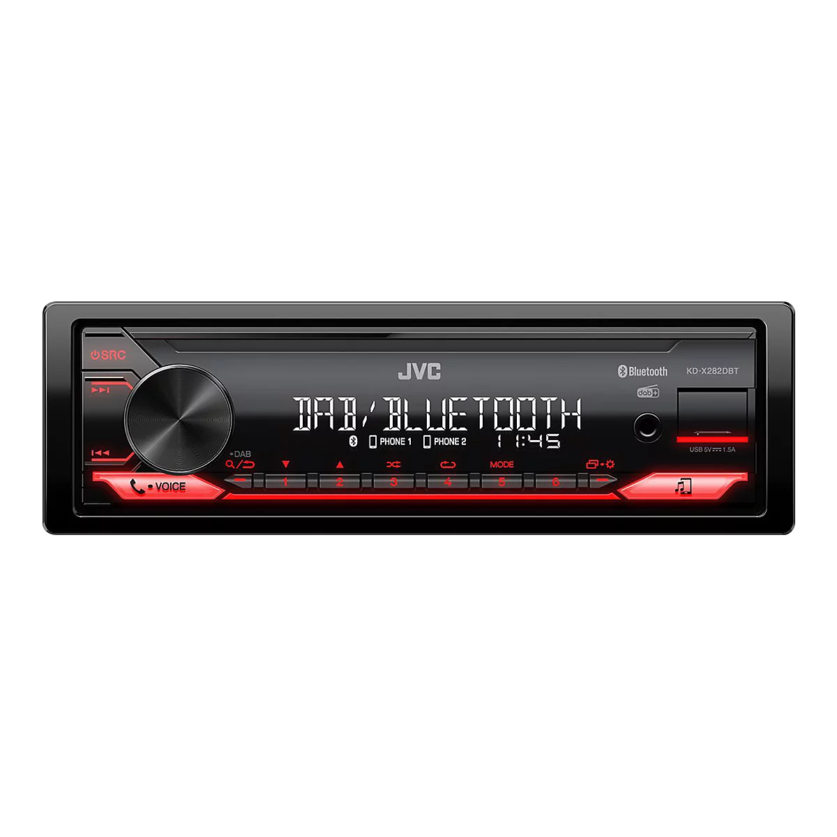 Schwarzes Autoradio mit roten Akzenten und Display. DAB/Bluetooth und Uhrzeit werden angezeigt. Markenlogo JVC.