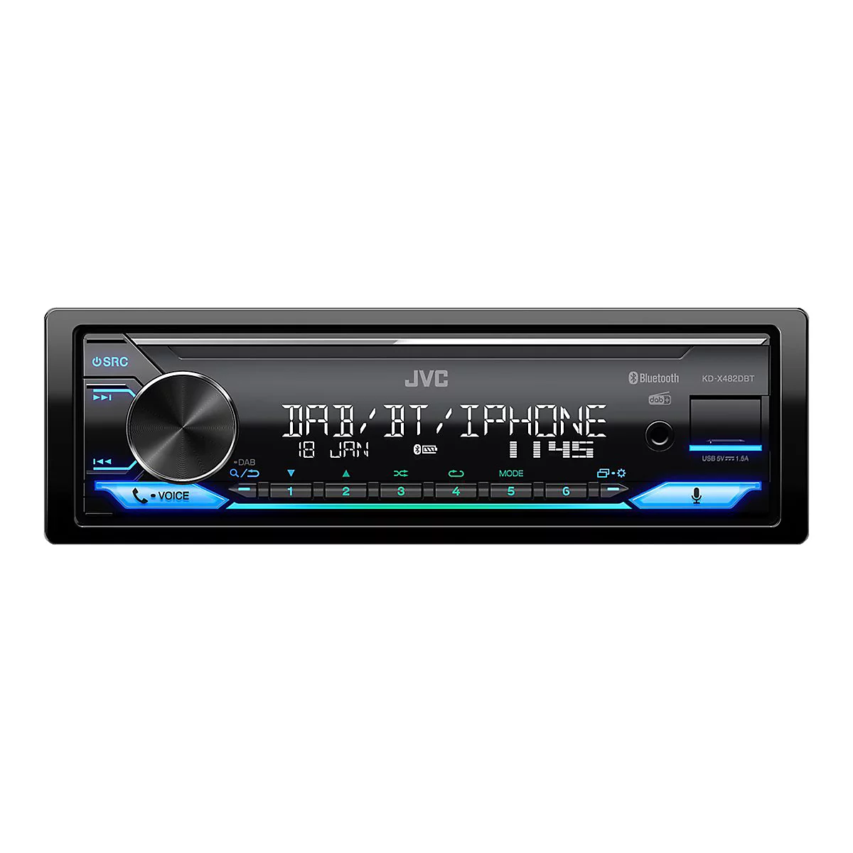 Schwarzes Autoradio mit blau beleuchteten Tasten und Anzeige, Markenname JVC, Text: DAB, BT, iPhone, Datum, Uhrzeit.