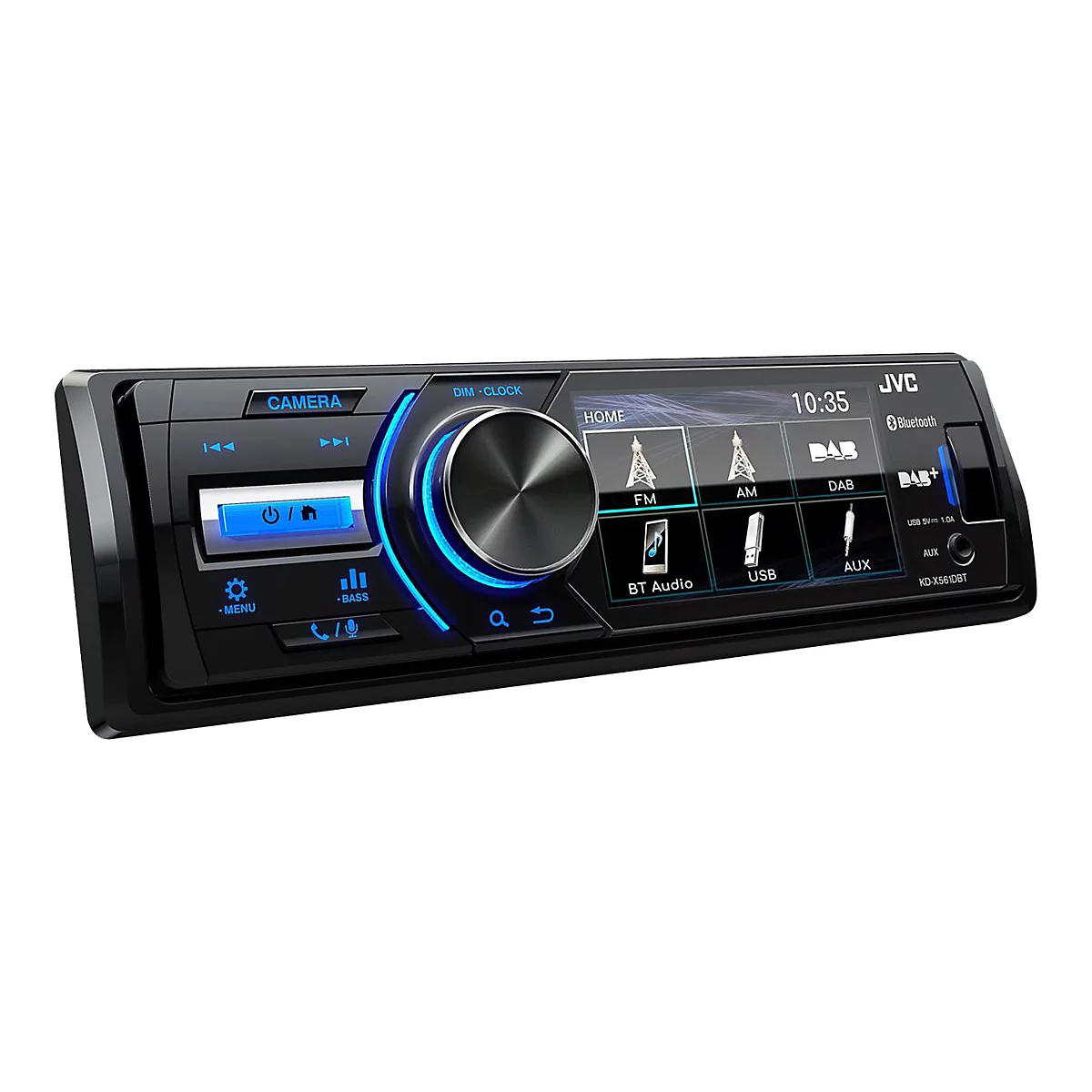 Schwarzes Autoradio von JVC mit Display, Knöpfen und Funktionen wie Bluetooth, FM/AM und USB-Anschluss.