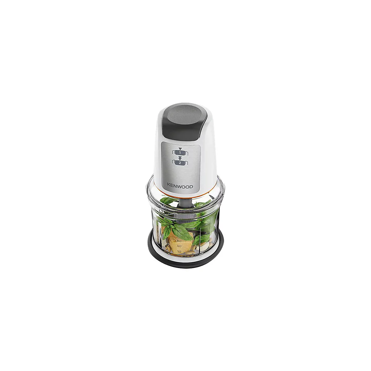 Kenwood Mini-Zerkleinerer mit transparentem Behälter gefüllt mit frischem Basilikum vor weißem Hintergrund.