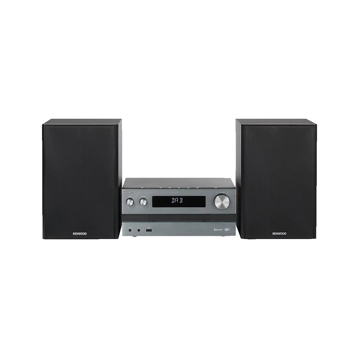 Kenwood Stereoanlage in Grau mit zwei schwarzen Lautsprechern vor weißem Hintergrund.