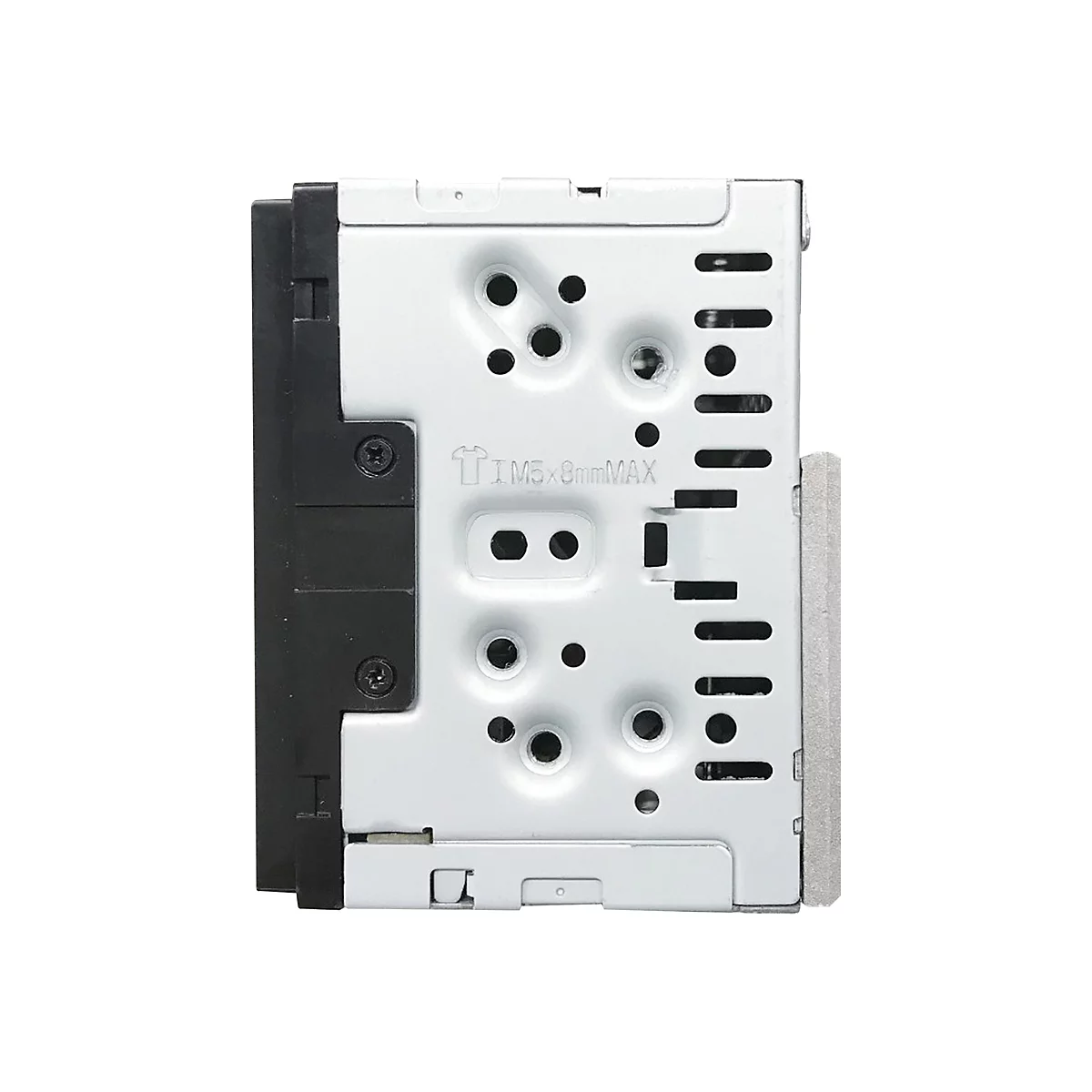 Nahaufnahme der Rückseite eines Metallgehäuses mit Schrauben, Löchern und Prägungen. Auf dem Gehäuse ist der Schriftzug „M5x8mmMAX“ zu sehen.