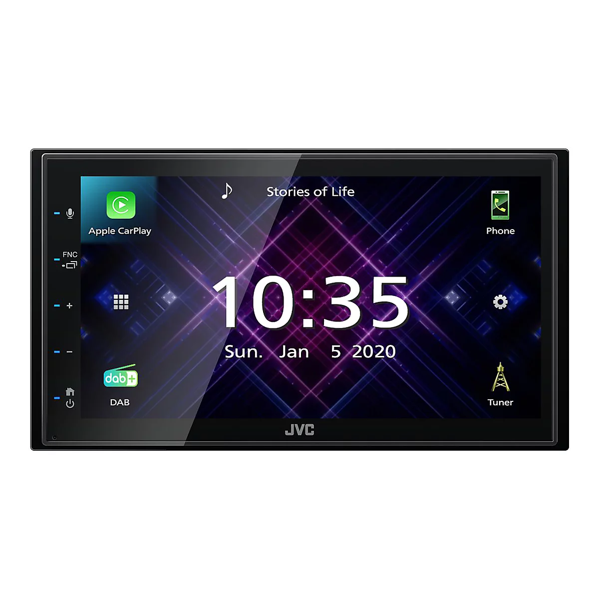 Schwarzes JVC Autoradio mit Touchscreen. Auf dem Display: Uhrzeit, Datum und App-Symbole.