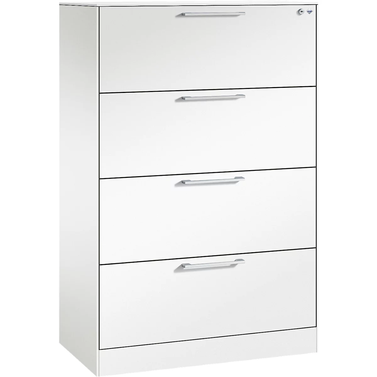 Witte archiefkast met vier lades en zilveren handgrepen. Rechtsboven zit een slot.